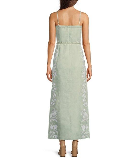 Le' AL.X Linen Embroidered Square Neck Sleeveless Spaghetti Strap Braided Belt Column Side Slit Maxi Coordinating Dress Product Image