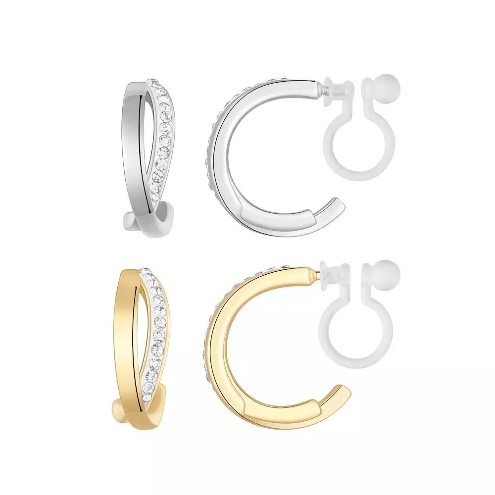 Chrystina Crystal Crossover Clip-on Hoop Earrings Set, Women's, Two Tone Product Image