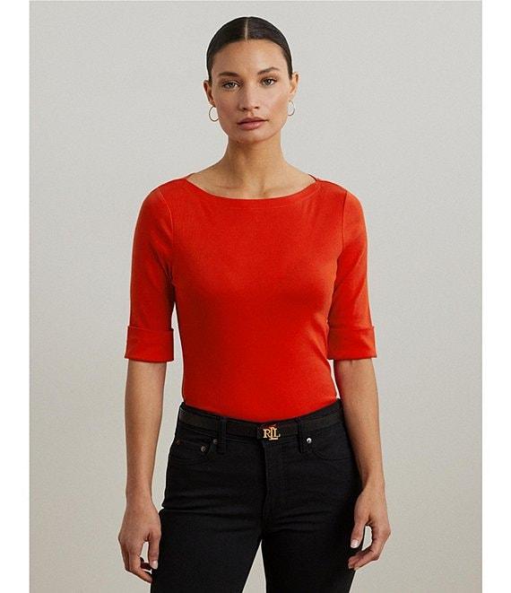 Lauren Ralph Lauren Petite Size Judy Solid Stretch-Infuse Cotton Boat Neck Tee Product Image