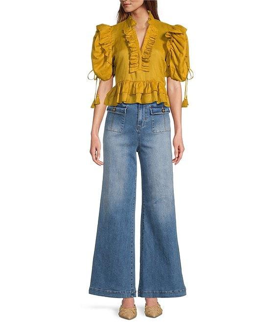 A Loves A Vintage Wash Denim High Rise Patch Pocket Wide Flare Jeans Product Image