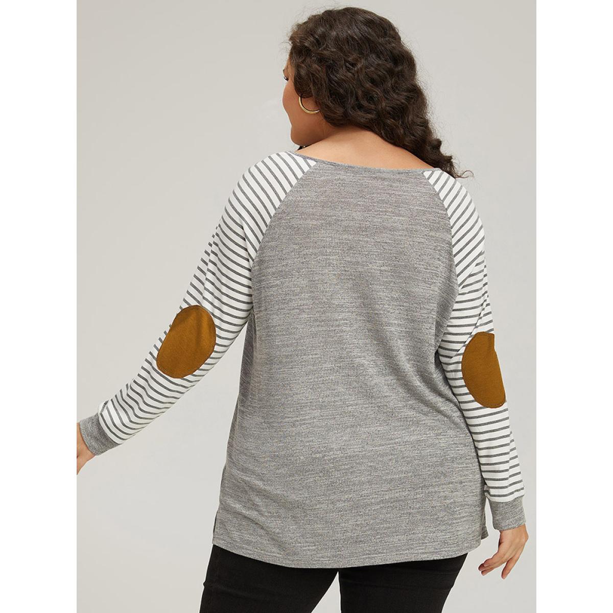 Plus Size Striped Raglan Sleeve Patched Split Side T-shirt Gray Women Casual Contrast Striped Round Neck Dailywear T-shirts BloomChic 10/M Product Image