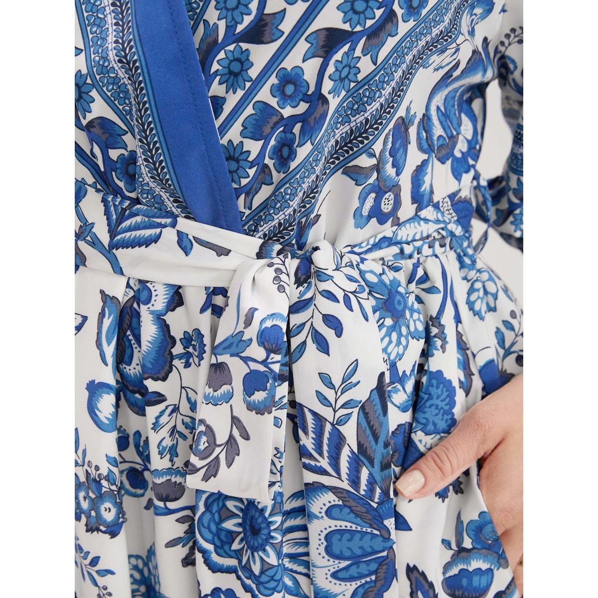 Plus Size Bandana Print Surplice Neck Lantern Sleeve Pocket Belted Midi Dress Blue Women Resort Non V-neck Half Sleeve Curvy Midi Dress BloomChic 30/6X Product Image