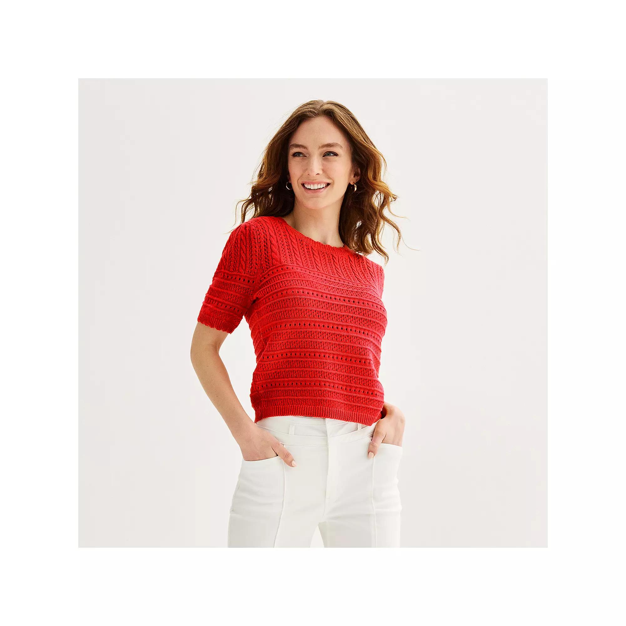 Women's Draper James Short Sleeve Pointelle Sweater, Size: Medium, Red Product Image
