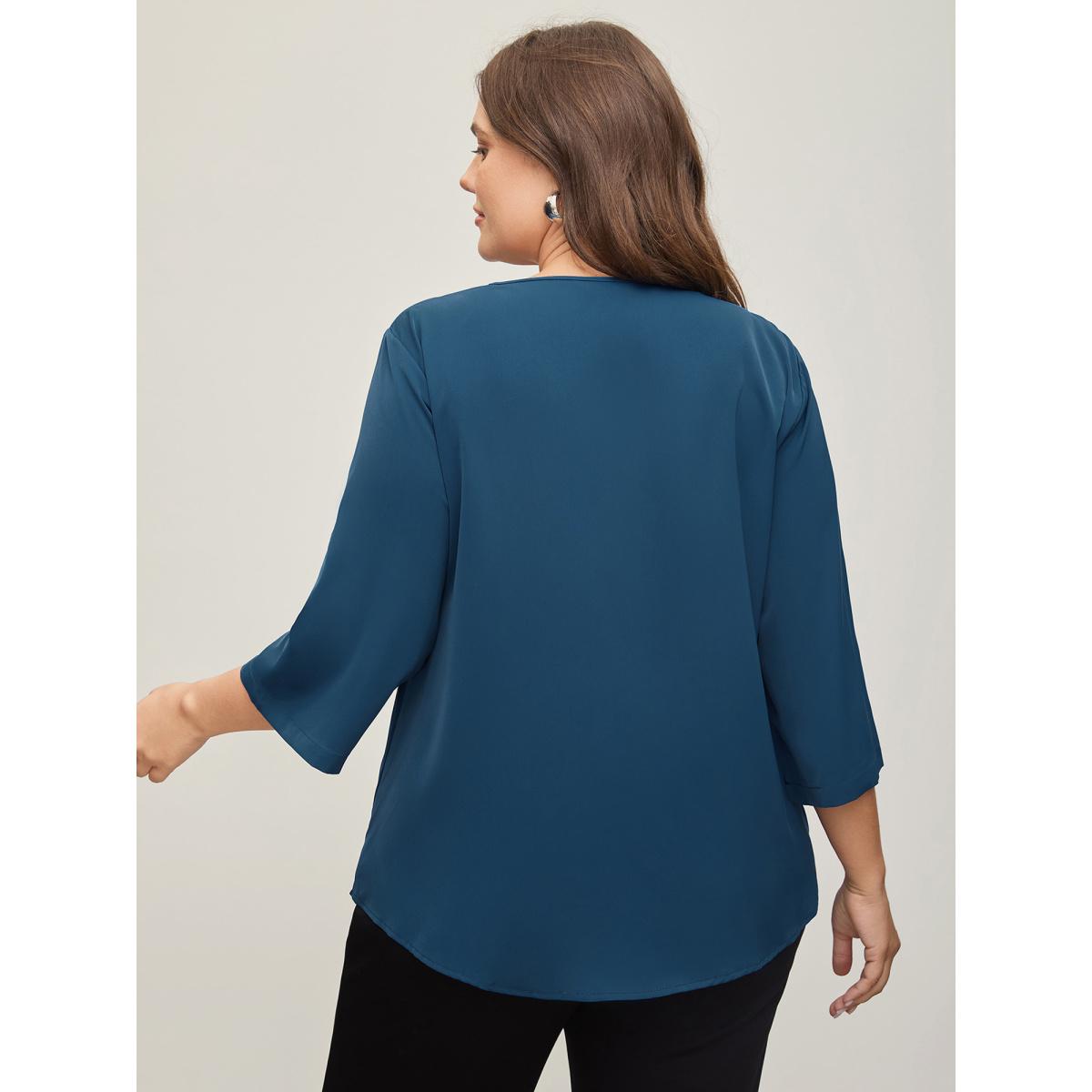 Plus Size Cyan V Neck Plain Pleated Tab Sleeve Blouse Women Office Elbow-length sleeve V-neck Office Blouses BloomChic 12/L Product Image