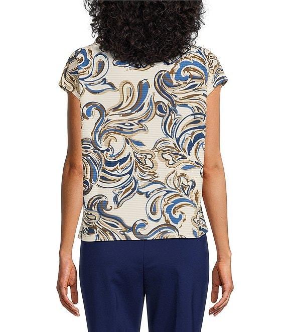 Investments Petite Size Knit Buttercream/Blue Paisley Short Sleeve High Neck Ottoman Top Product Image