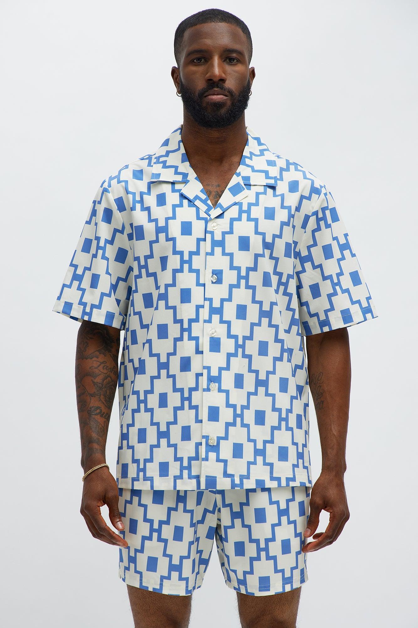 Mosaic Printed Cuban Shirt - Blue/combo Male Product Image