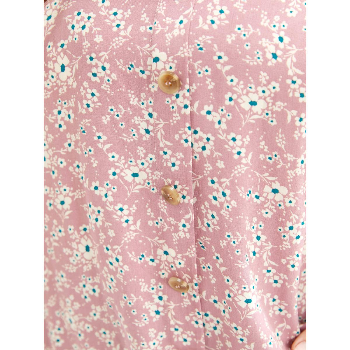 Plus Size Pink Ditsy Floral Contrast Ruffle Sleeve Button Detail Blouse Women Elegant Short sleeve Non Everyday Blouses BloomChic 12/L Product Image