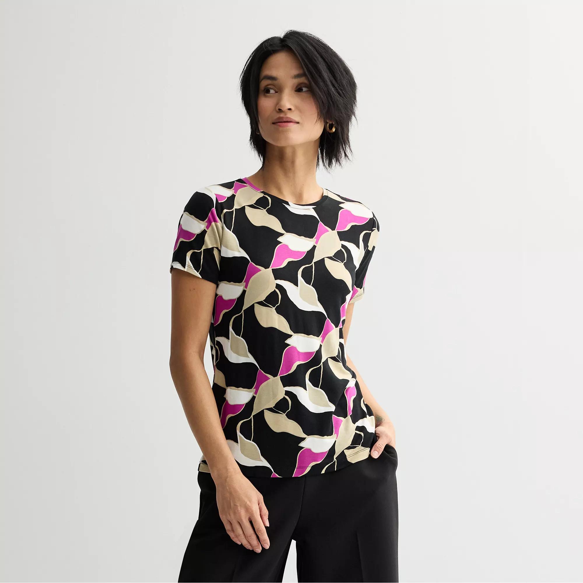 Petite Nine West Essential Crewneck Tee, Women's, Size: Medium Petite, Black Abstract Product Image