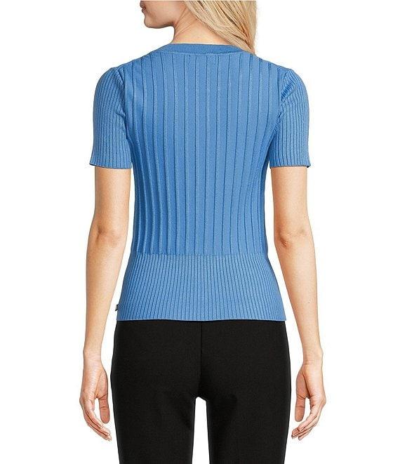 KARL LAGERFELD PARIS Knit Crew Neck Short Sleeve Ribbed Sweater Product Image