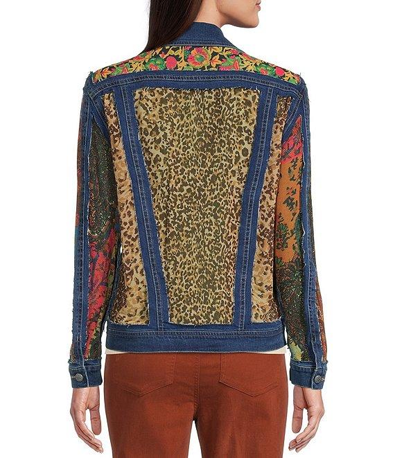 John Mark Point Collar Long Cuff Sleeve Cut-Out Multi Print Patch Denim Jacket Product Image