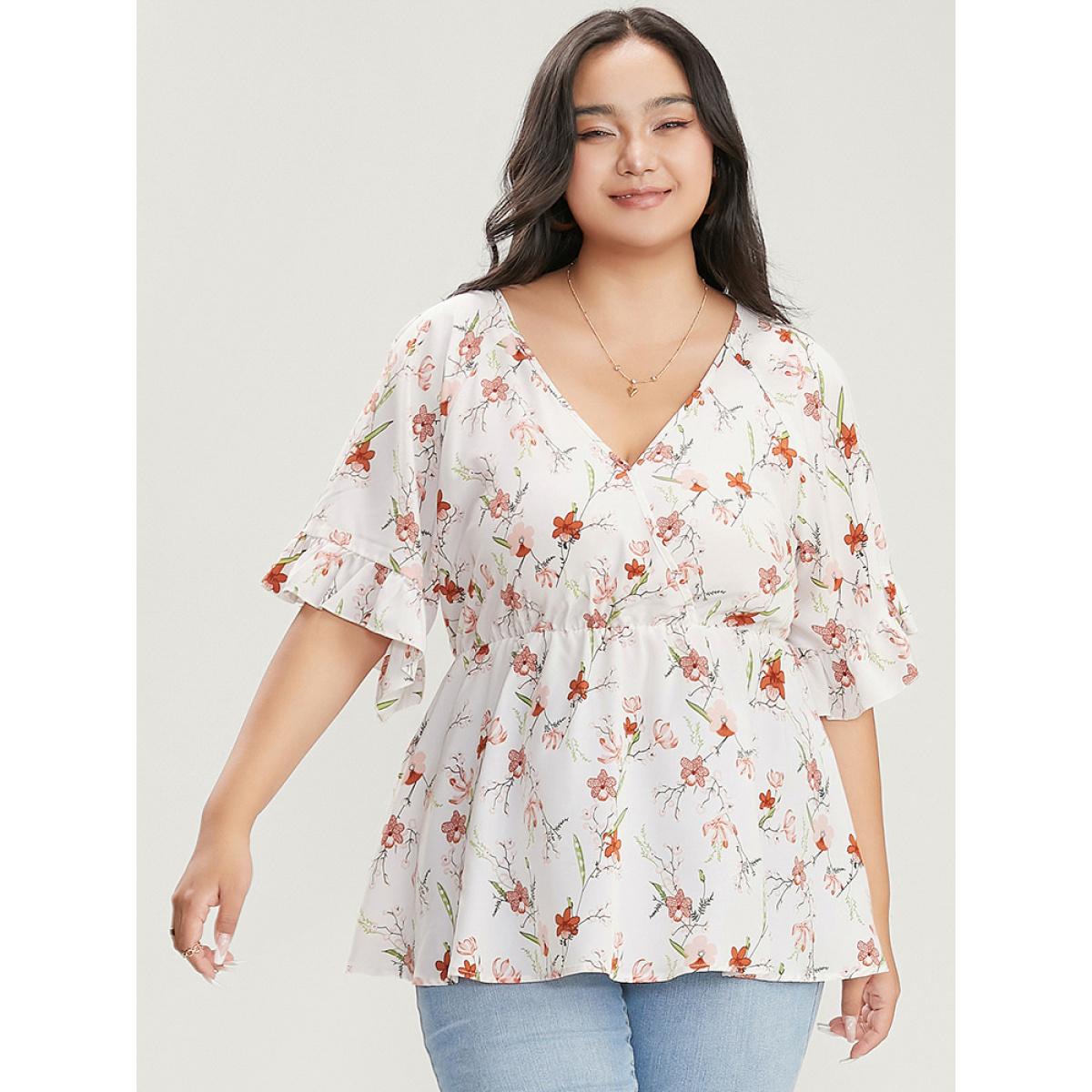 Plus Size White Floral Print Ruffles Flounce Sleeve Surplice Neck Blouse Women Elegant Short sleeve V-neck Dailywear Blouses BloomChic 10/M Product Image