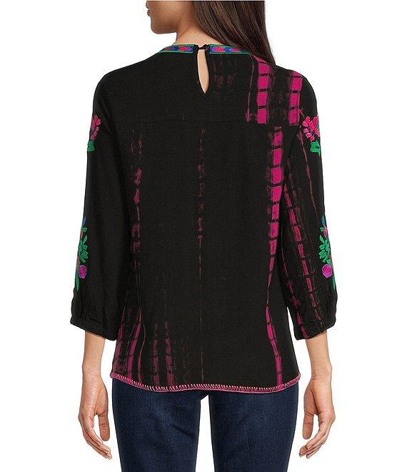 Calessa Embroidered Tie-Dye Patchwork Print Crew Neck 3/4 Sleeve Tunic Product Image