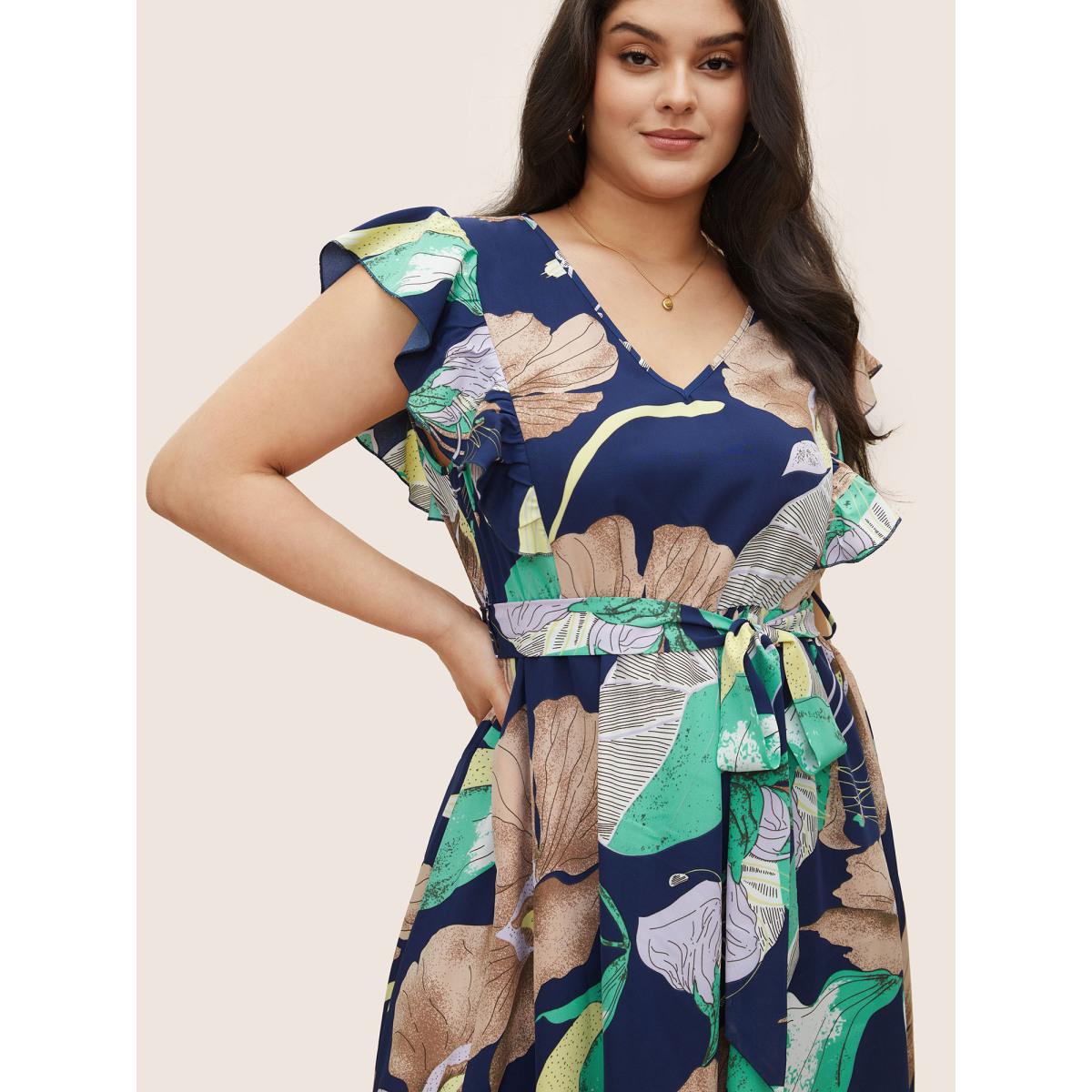 Plus Size Floral Print Flutter Sleeve Belted Midi Dress DarkBlue Women Elegant Non V-neck Cap Sleeve Curvy Midi Dress BloomChic 26/4X Product Image