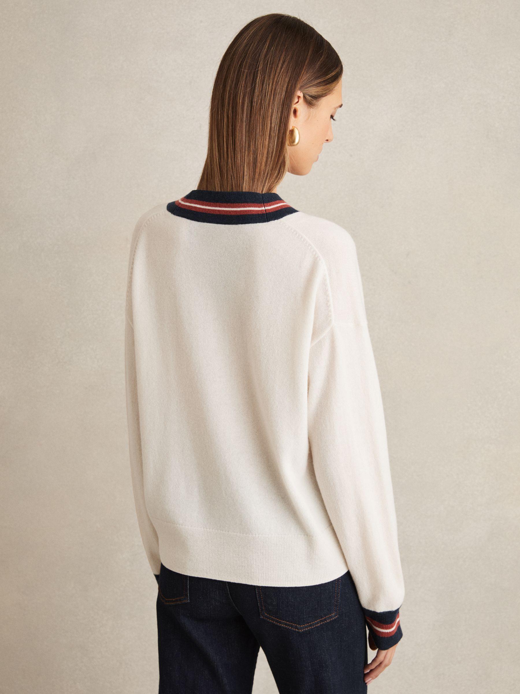 Wool-Cashmere Stripe-Trim Cardigan in White Product Image