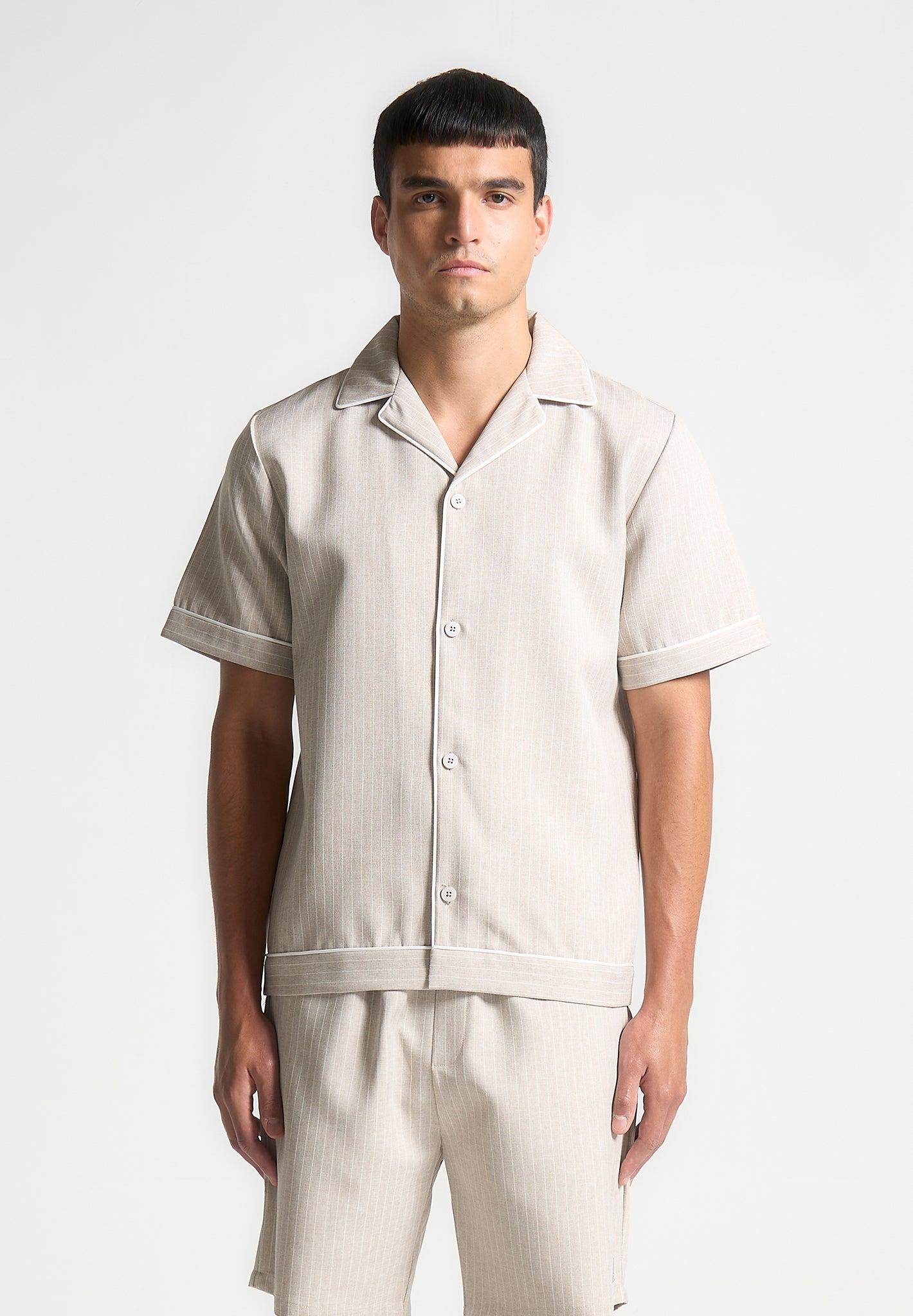 Pinstripe Revere Shirt - Beige Male Product Image
