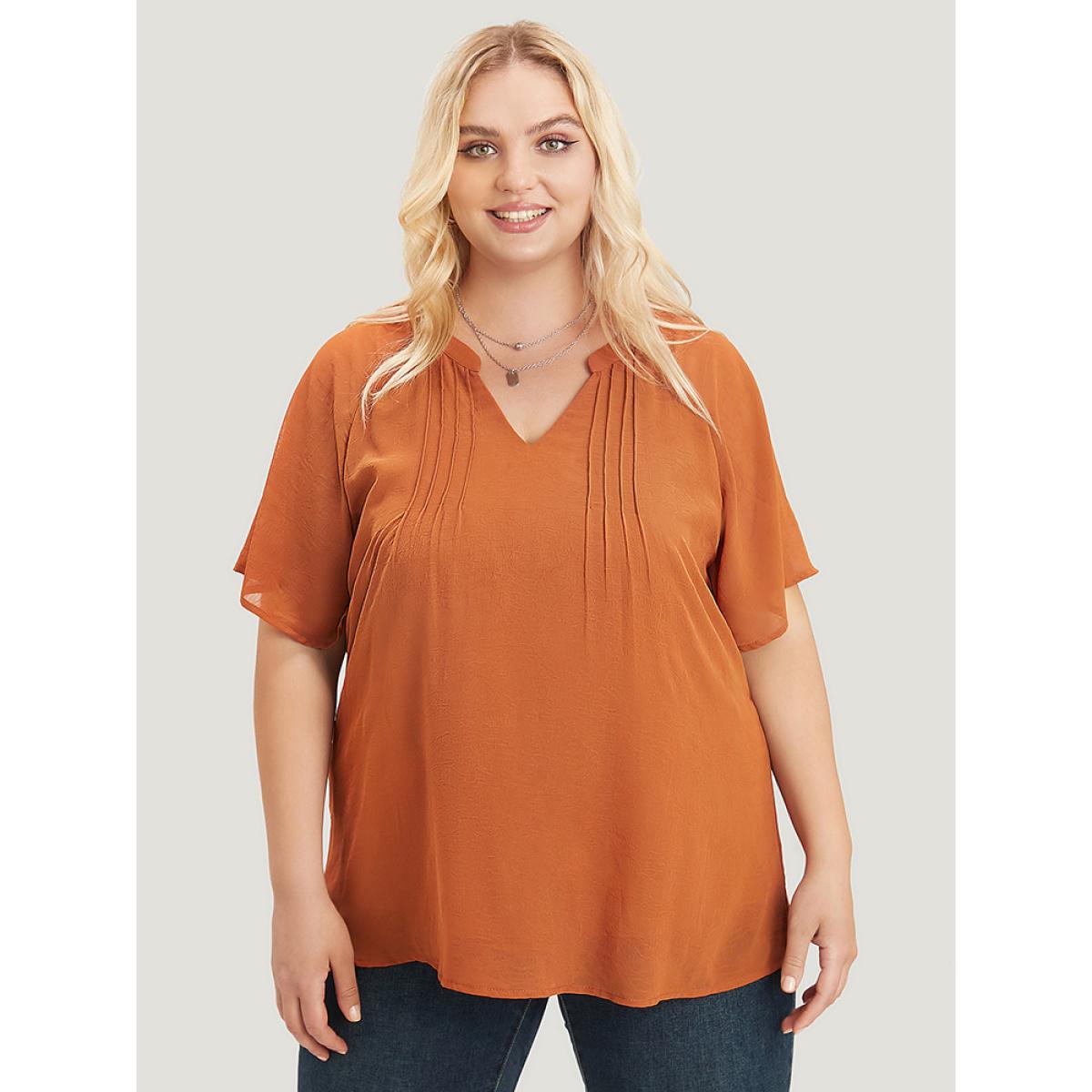Plus Size Maroon Solid Notched Pleated Mesh Raglan Sleeve Blouse Women Casual Short sleeve V-neck Dailywear Blouses BloomChic 26/4X Product Image