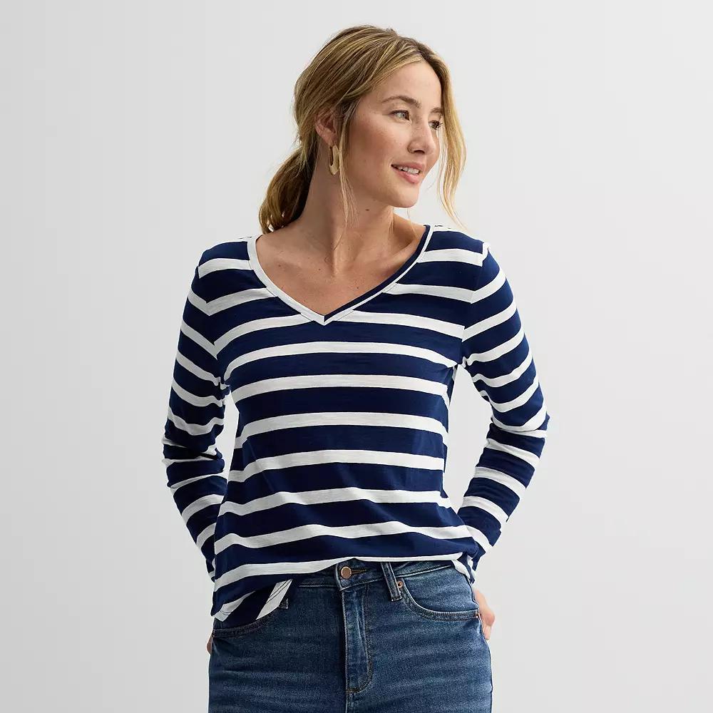 Women's Sonoma Goods For Life® Everyday Long Sleeve V-Neck Tee, Size: Small, Ivory Blue Stripe Product Image