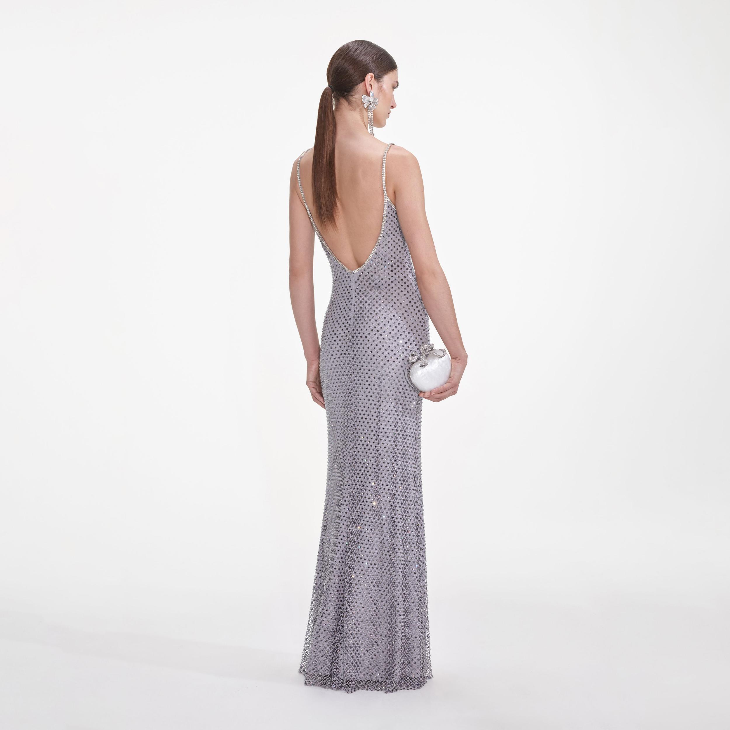 Grey Square Rhinestone Fishnet Maxi Dress Product Image