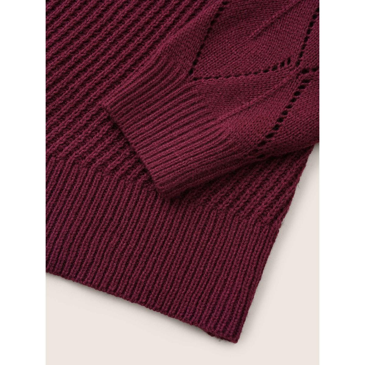 Plus Size Solid Hollow Out Raglan Sleeve Pullover Burgundy Women Casual Loose Long Sleeve V-neck Dailywear Pullovers BloomChic 28/5X Product Image