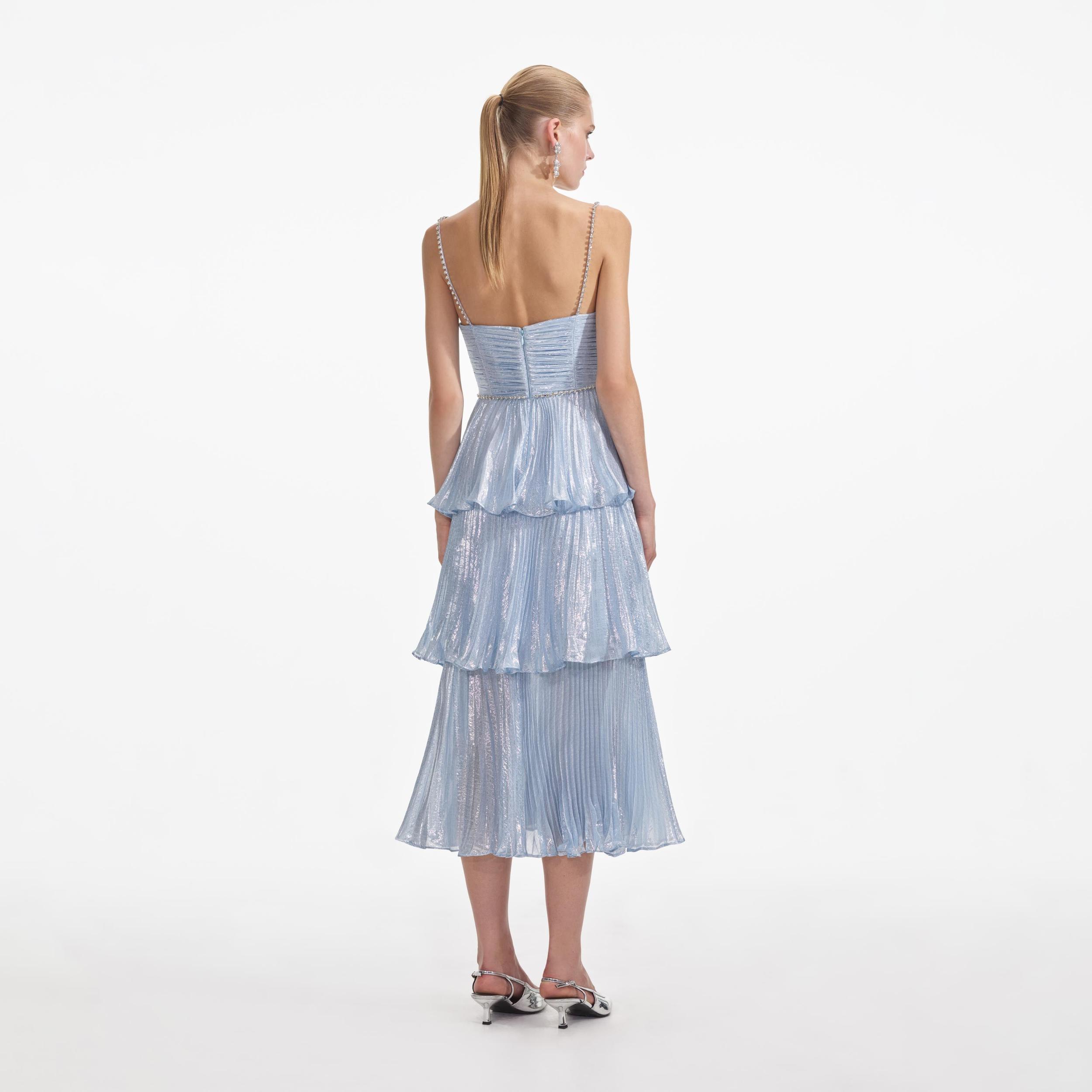 Blue Metallic Tiered Midi Dress Product Image