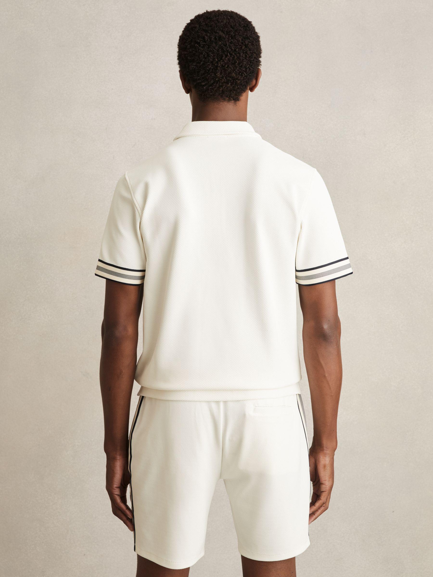 Textured Contrast Trim Half-Zip Polo Shirt in Off White Product Image