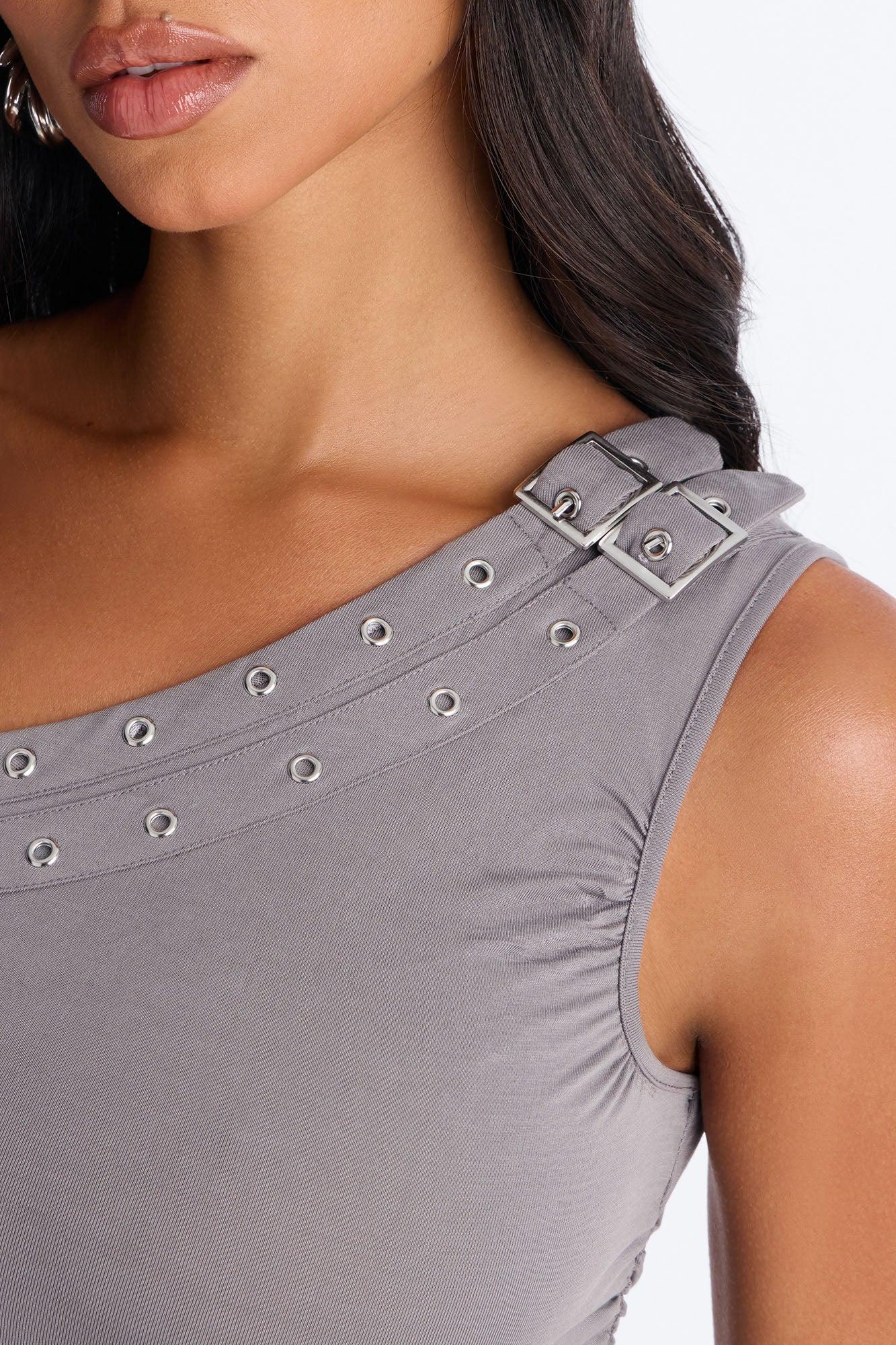 Elle One Shoulder Belted Ruched Top - Grey Female Product Image