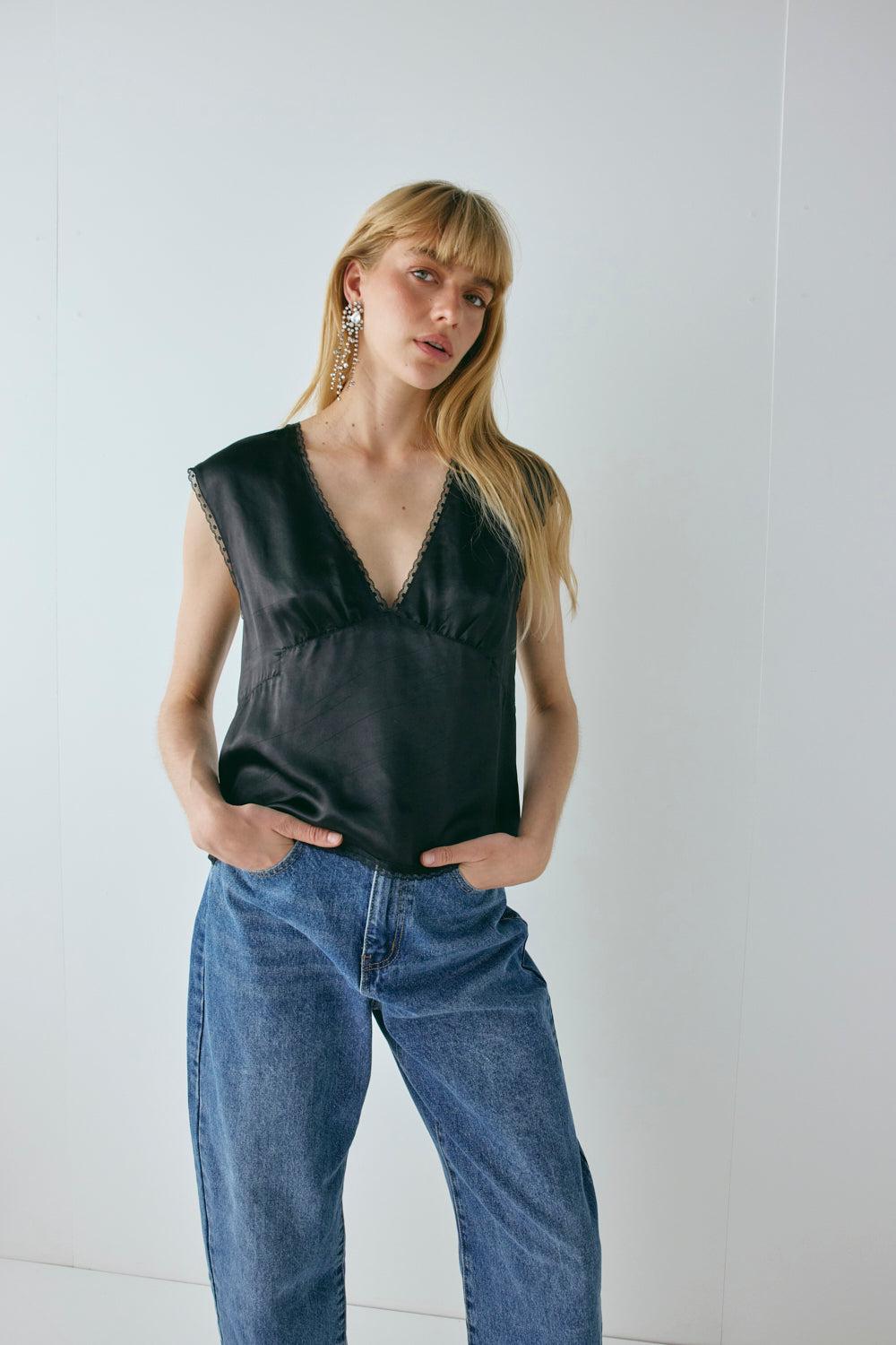 Flores Satin Top Black Product Image