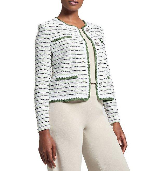 Ming Wang Knit Stripe Tweed Crew Neck Long Sleeve Jacket Product Image