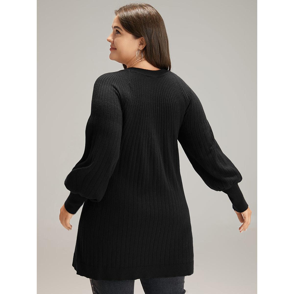 Plus Size Supersoft Essentials Anti-Pilling Button Detail Pullover Black Women Casual Loose Long Sleeve Round Neck Dailywear Pullovers BloomChic 30/6X Product Image