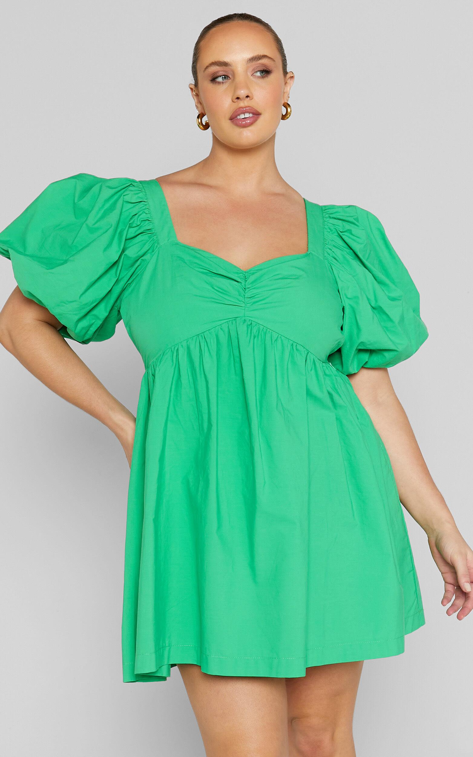 Vashti Mini Dress - Puff Sleeve Sweetheart Dress in Green Product Image
