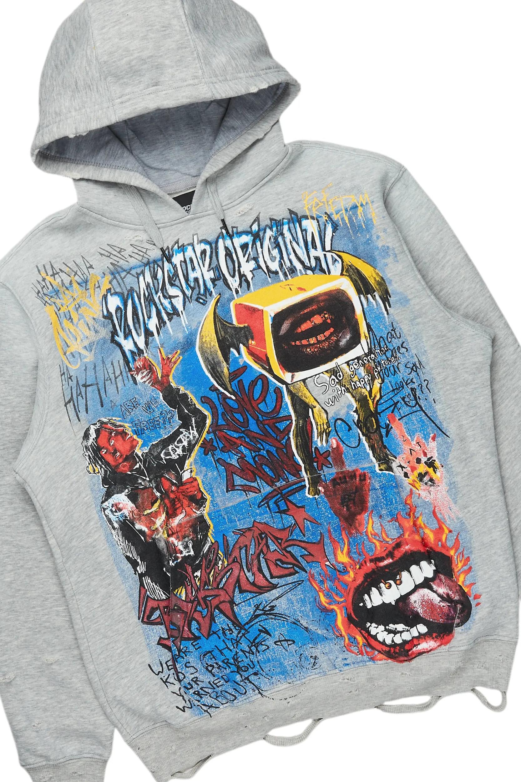 Yooz Heather Grey Hoodie & Deco Stacked Flare PU Jean Bundle Male Product Image