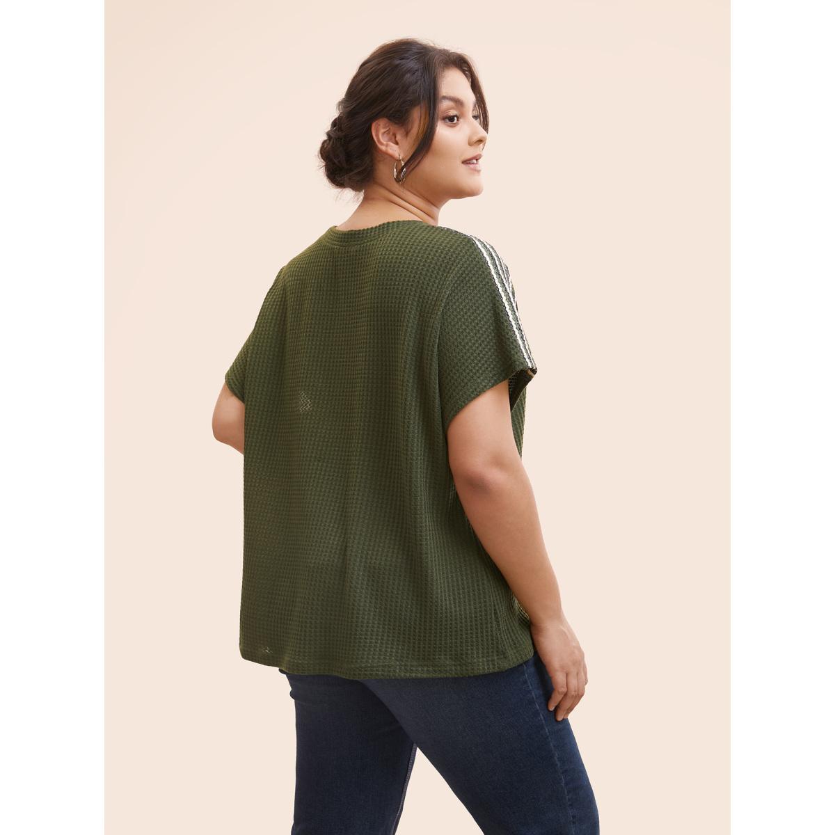 Plus Size Striped Waffle Knit Patchwork T-shirt ArmyGreen Women Casual Texture Round Neck Everyday T-shirts BloomChic 28/5X Product Image