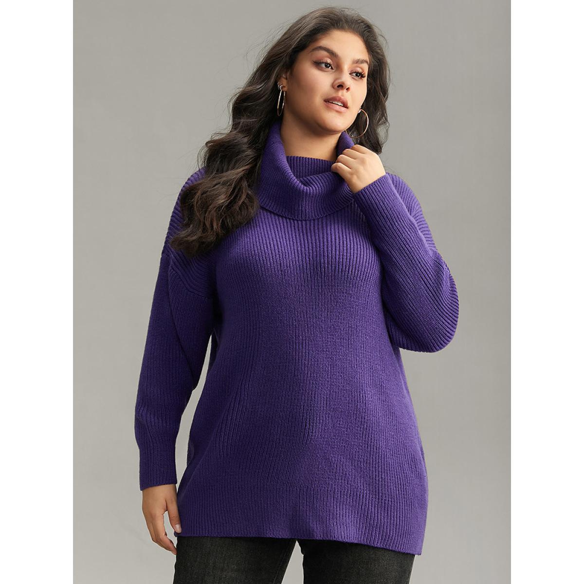 Plus Size Plain Turtleneck Texture Elastic Cuffs Pullover BlueViolet Women Casual Loose Long Sleeve Turtleneck Dailywear Pullovers BloomChic 22-24/3X Product Image