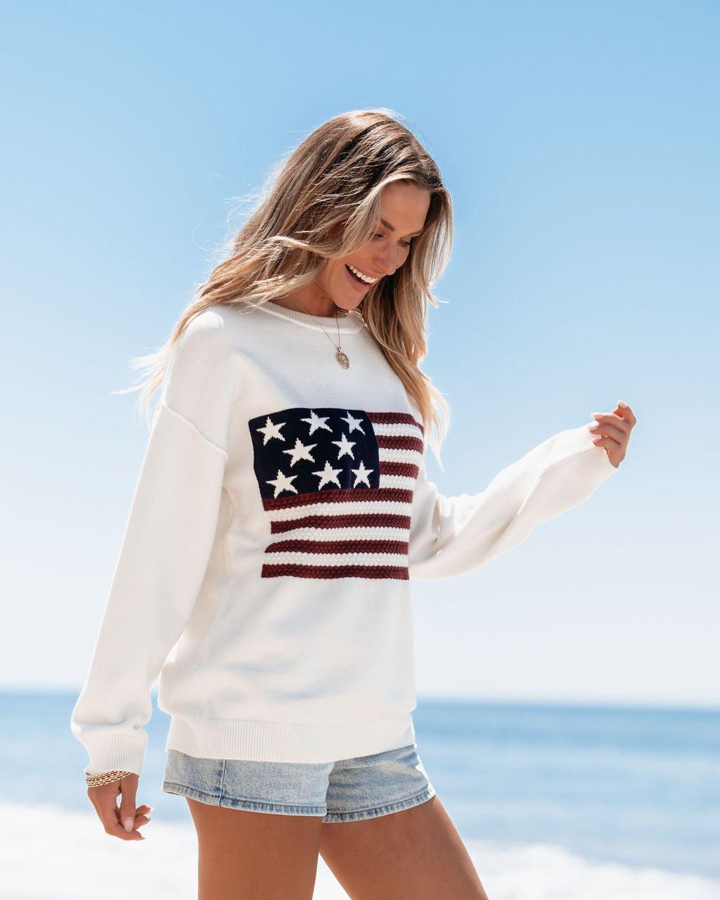 Ivory American Flag Pullover Sweater Product Image