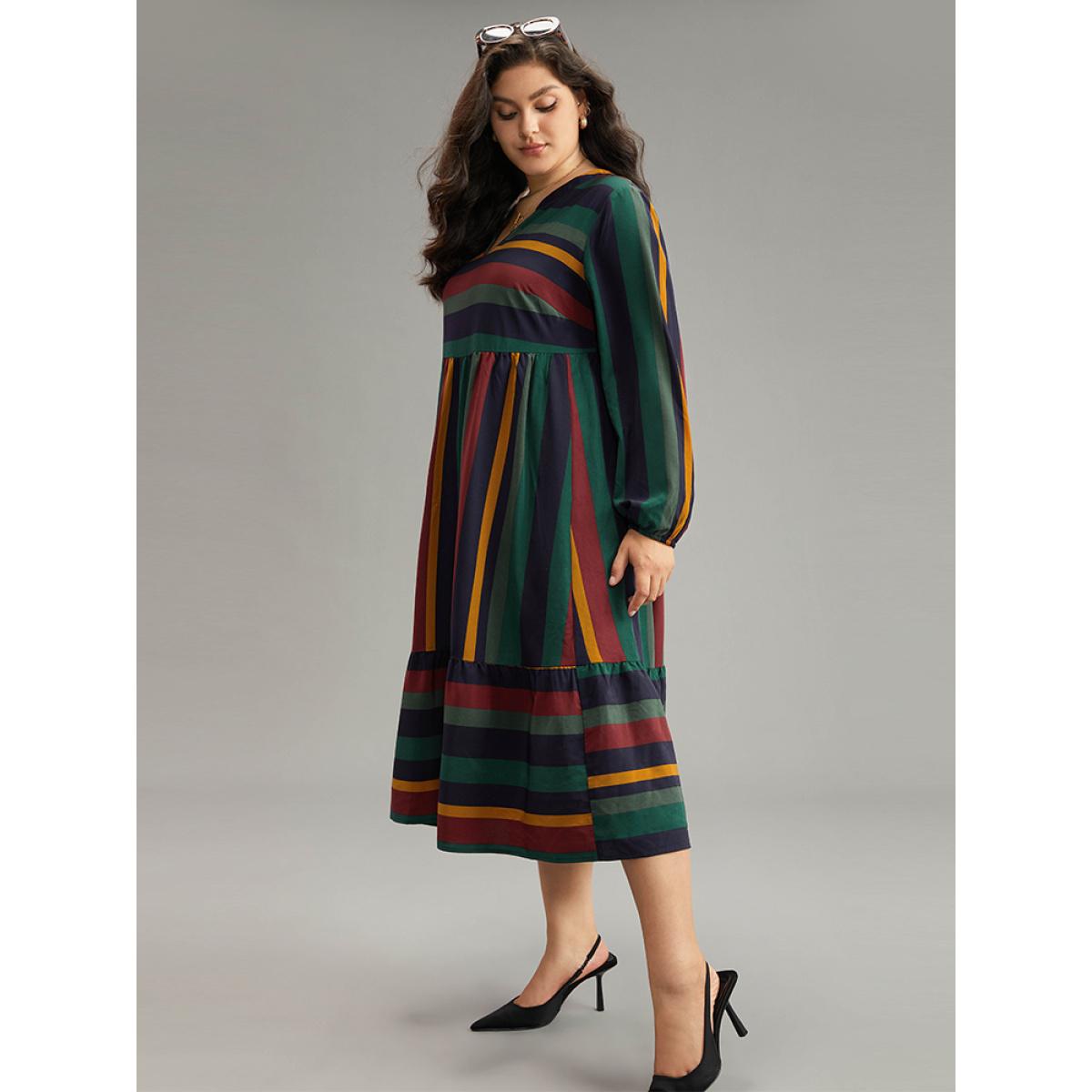 Plus Size Rainbow Striped Notched Patchwork Dress Multicolor Women Office Elastic cuffs Notched collar Long Sleeve Curvy Midi Dress BloomChic 30/6X Product Image