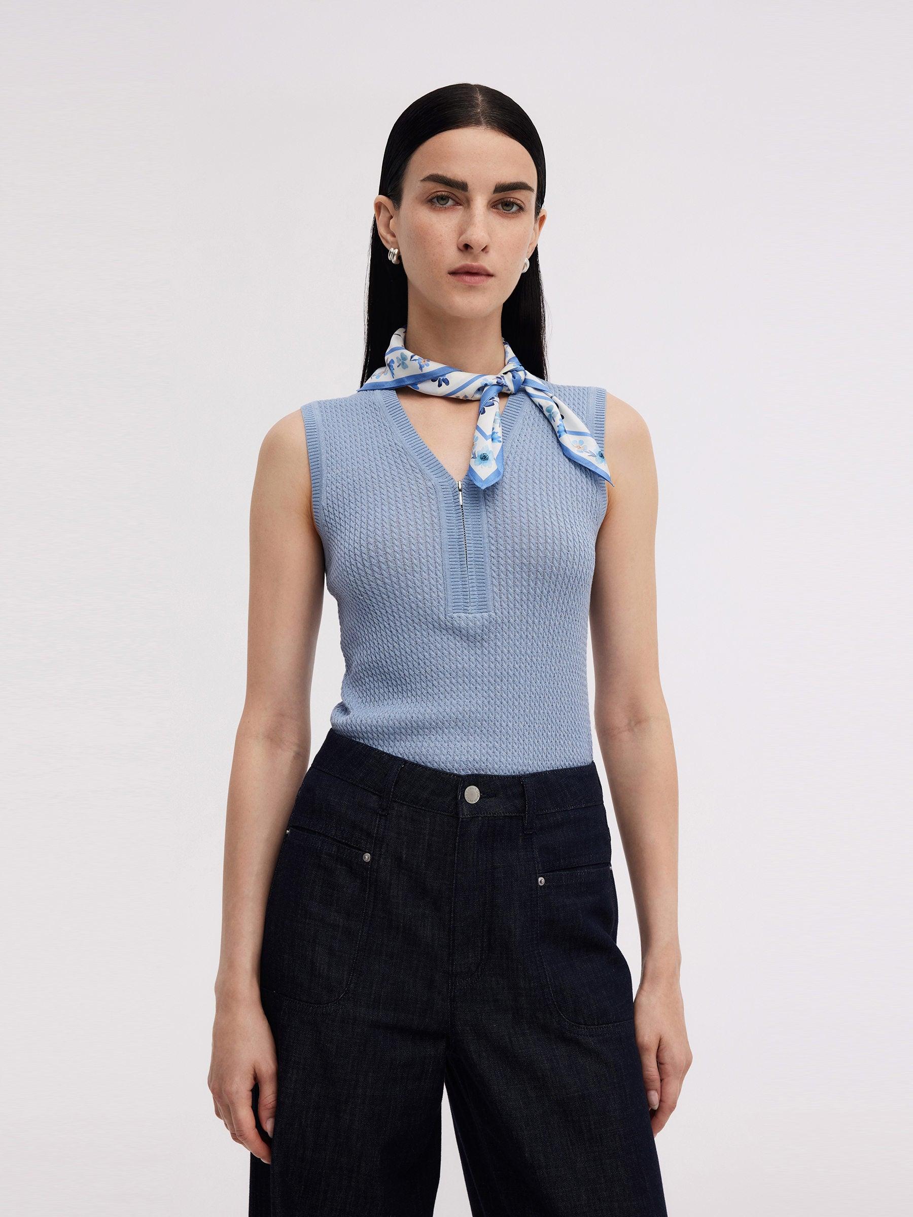 Tencel Blend Half-Zip Women V-Neck Knit Tank Top Product Image