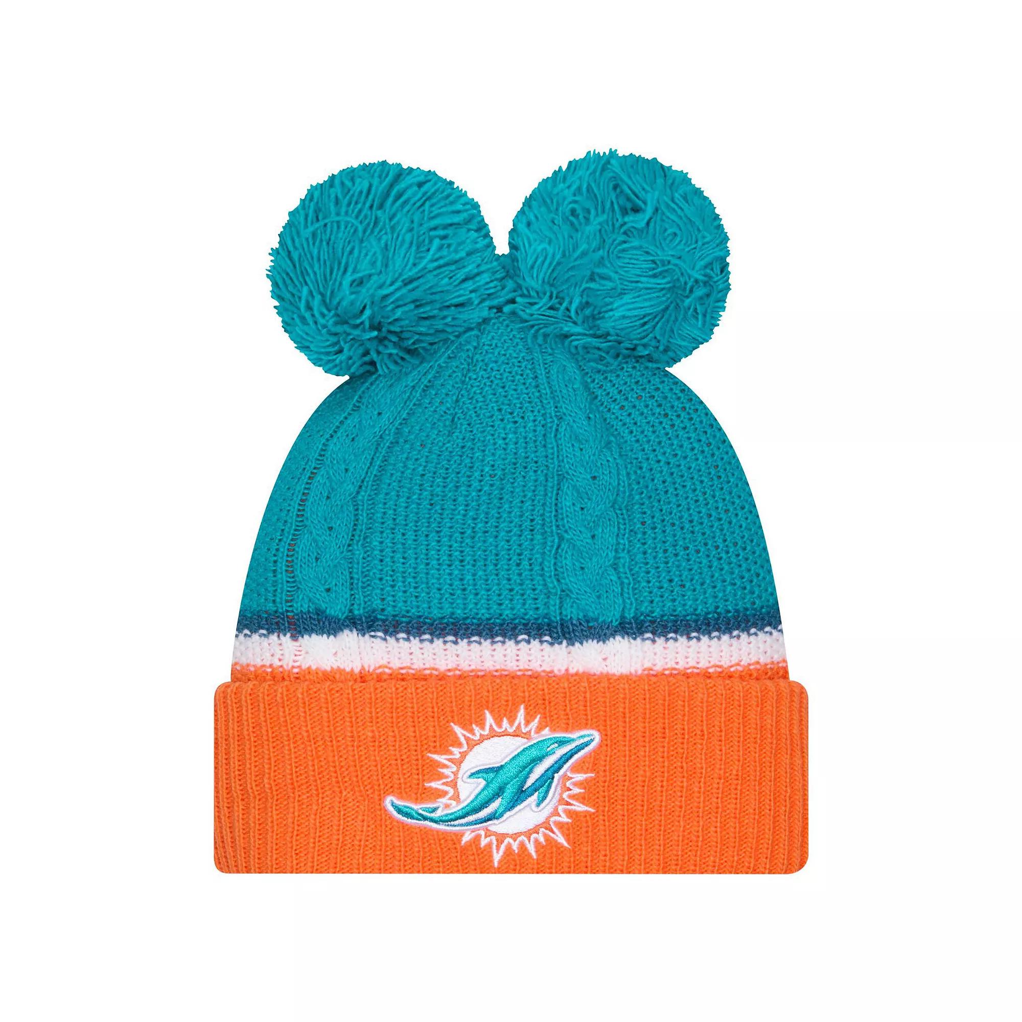 Women's New Era  Aqua Miami Dolphins Double Bubble Cuffed Knit Hat with Poms, Turquoise A Product Image