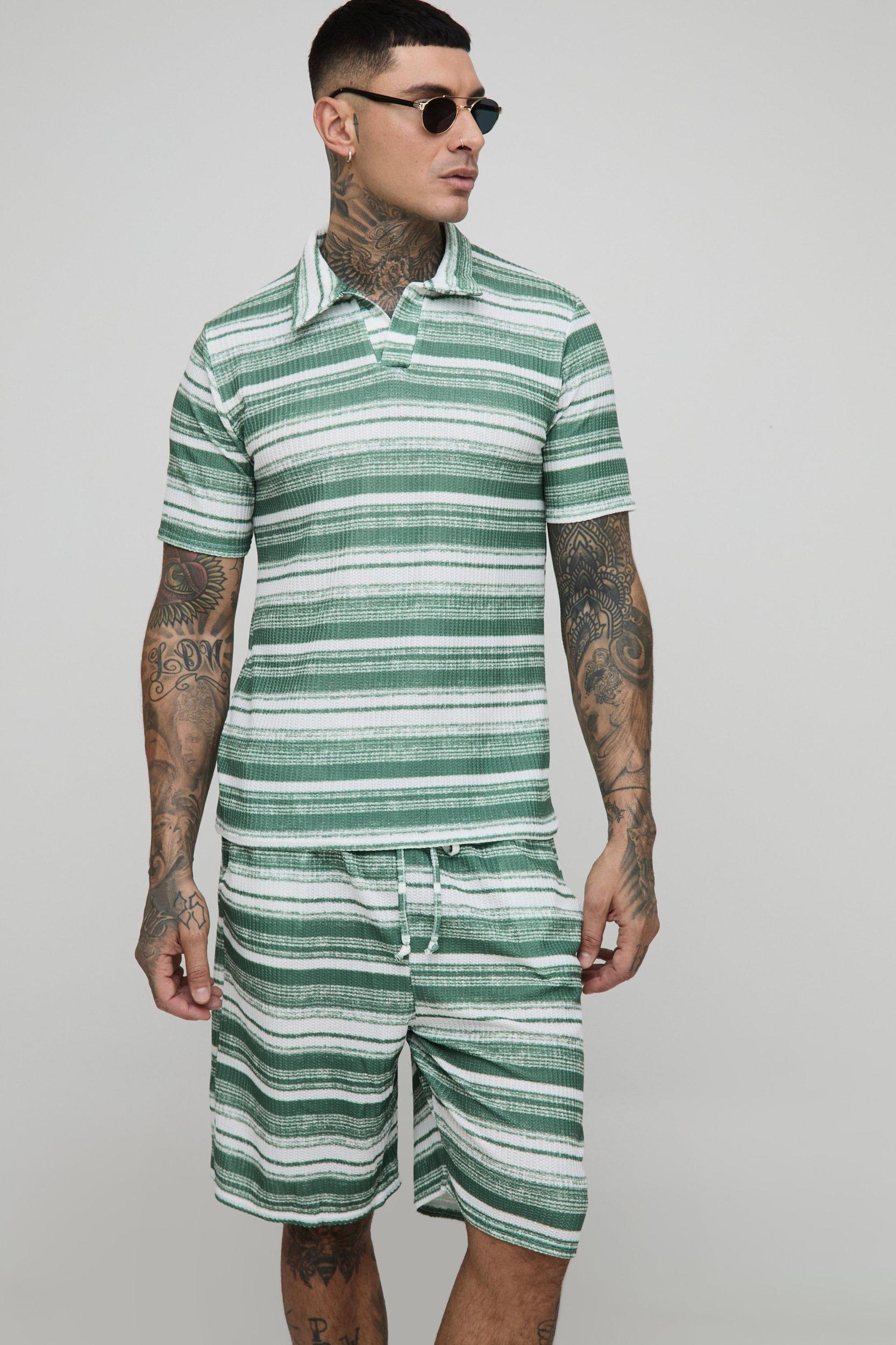 Tall Slim Revere Abstract Textured Polo Short Set | boohooMAN USA Product Image