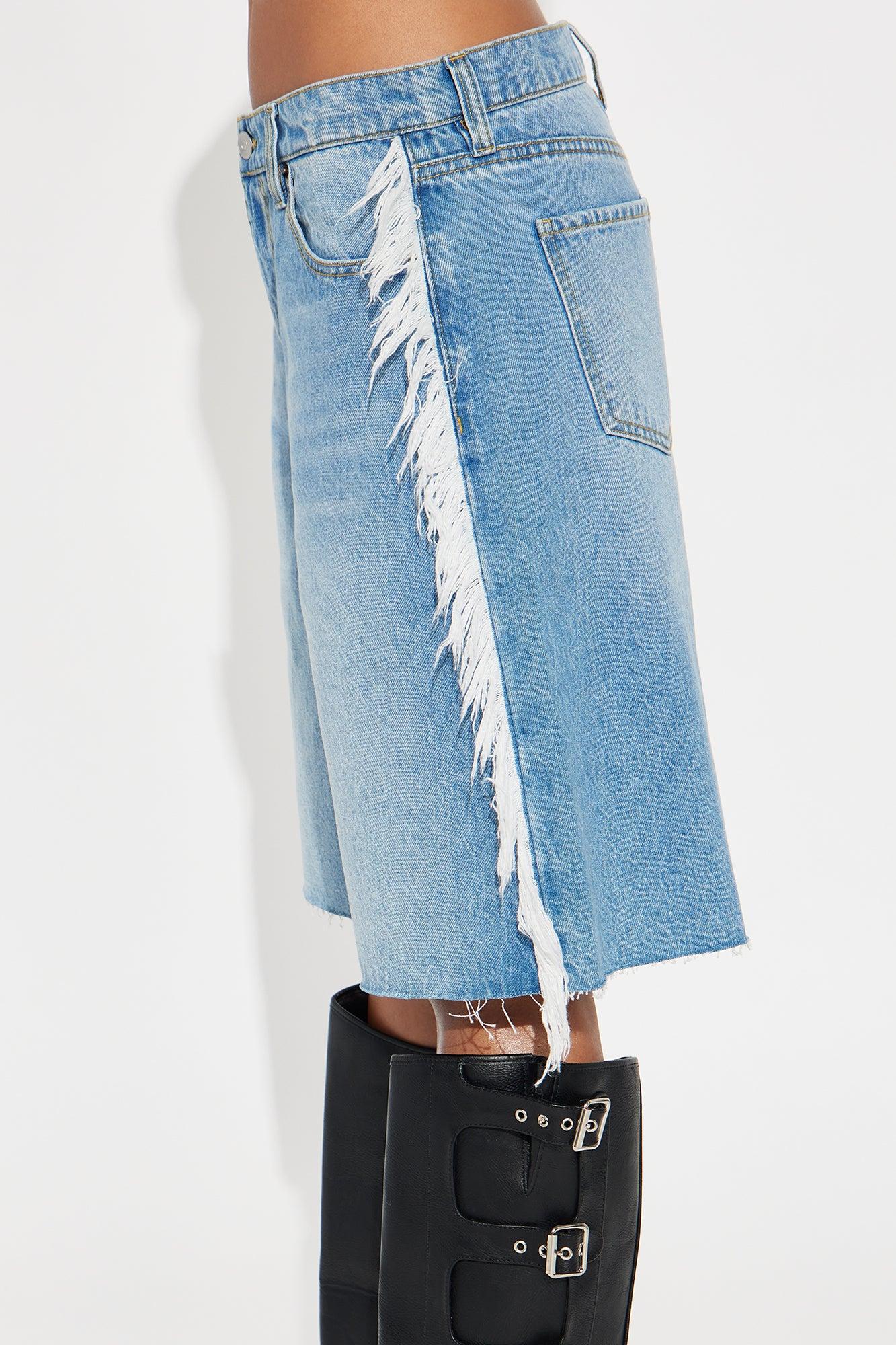 Sahara High Rise Fringed Bermuda Shorts - Medium Wash Female Product Image