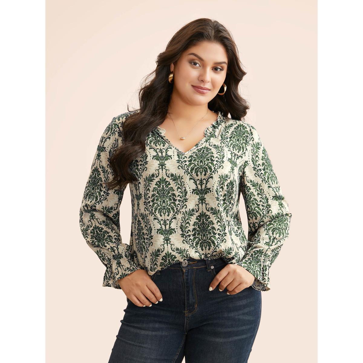 Plus Size DarkGreen Boho Print Frill Trim Slit Hem Blouse Women Elegant Long Sleeve Notched collar Everyday Blouses BloomChic 26/4X Product Image