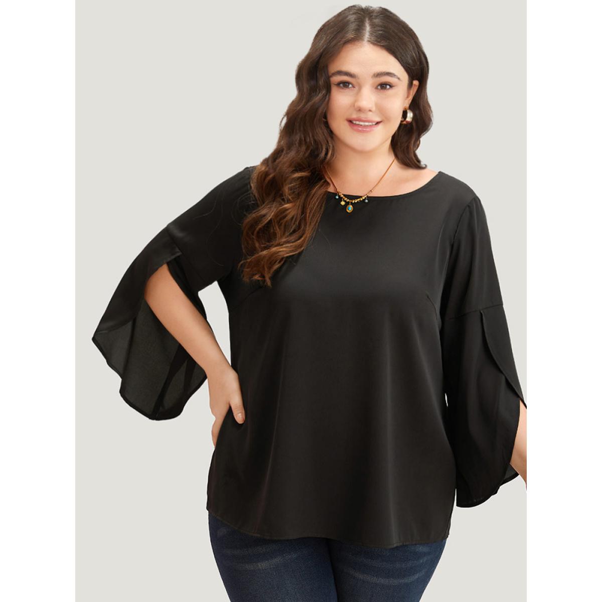 Plus Size Black Plain Wrap Flutter Sleeve Crew Neck Blouse Women Office Elbow-length sleeve Round Neck Work Blouses BloomChic 12/L Product Image