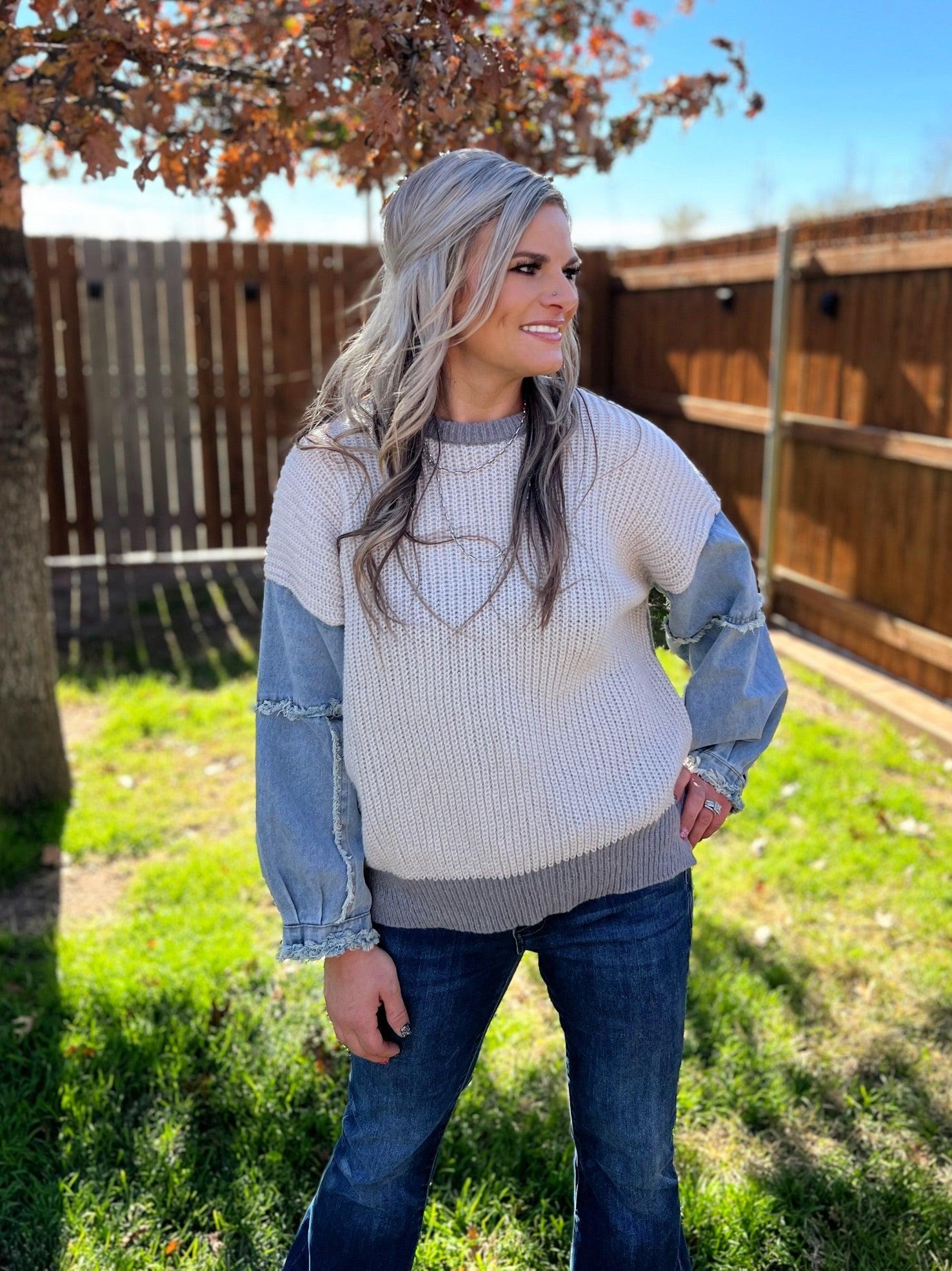 Frayed Denim Sleeve Sweater Top - 4 Color Options* Product Image
