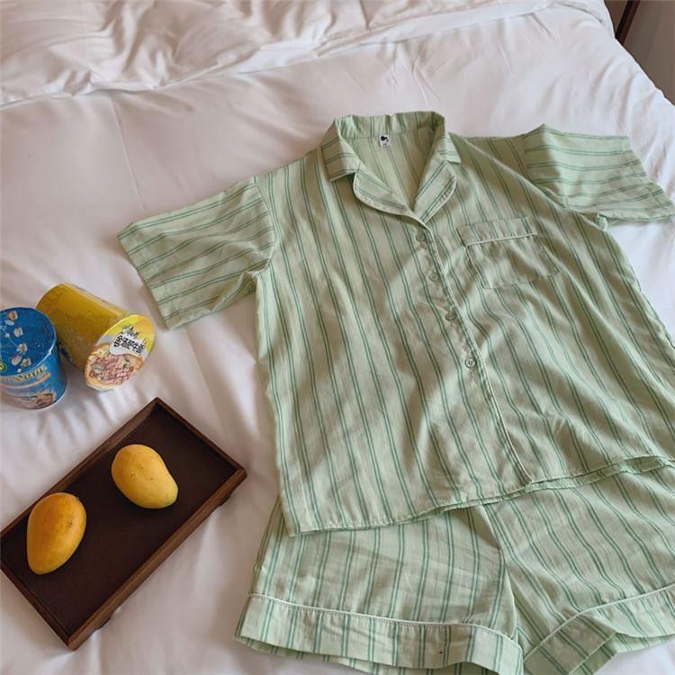 Pajama Set: Striped Short-Sleeve Blouse + Shorts Product Image
