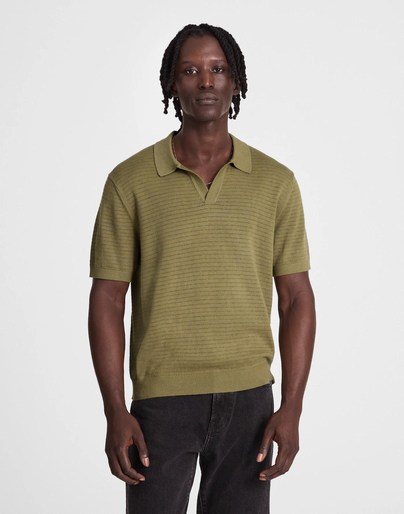 Pointelle-Stitch Johnny-Collar Sweater Polo Product Image