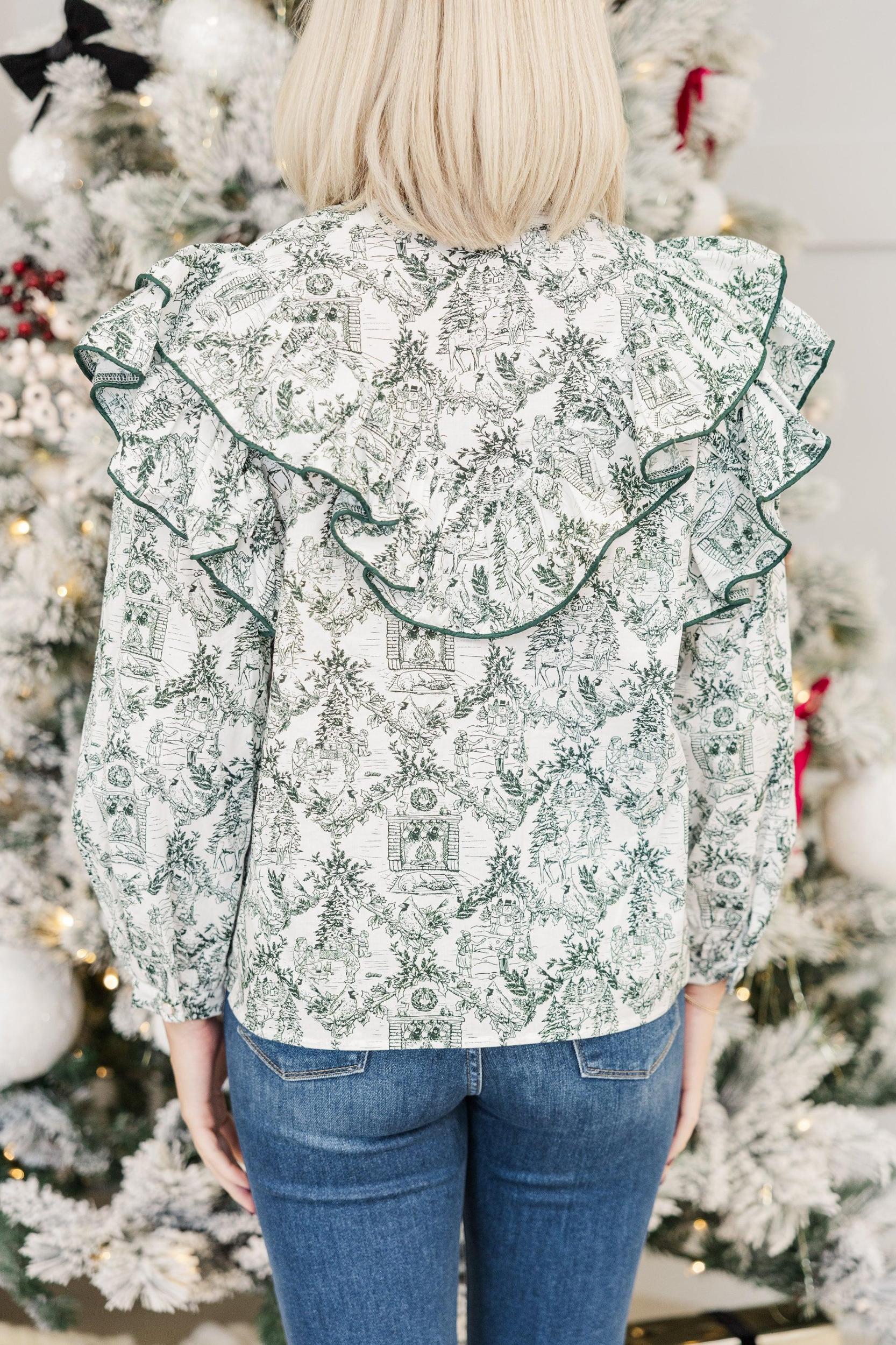 It's All Possible Emerald Green Holiday Toile Button Down Blouse Female Product Image