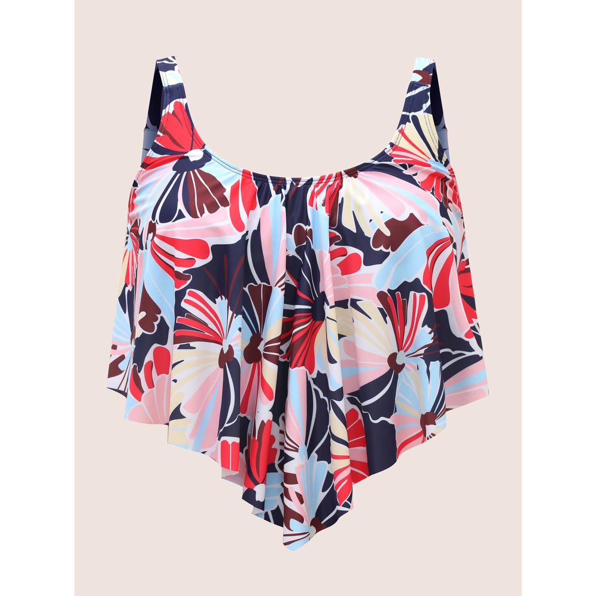Plus Size U Neck Contrast Floral Tiered Ruffles Swim Top Women's Swimwear Indigo Beach Gathered High stretch Bodycon U-neck Curve Swim Tops BloomChic 30/6X Product Image