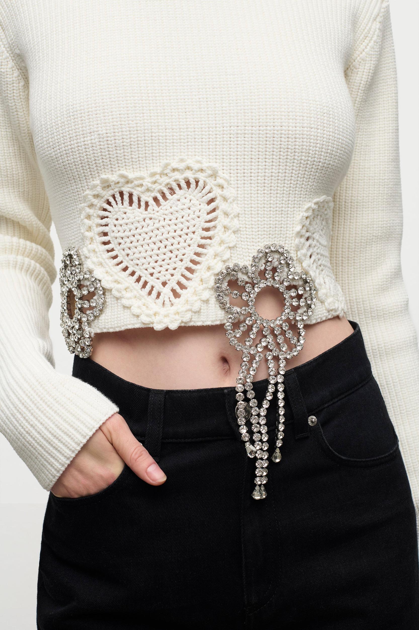 Crystal Crochet Flower Cropped Sweater Product Image