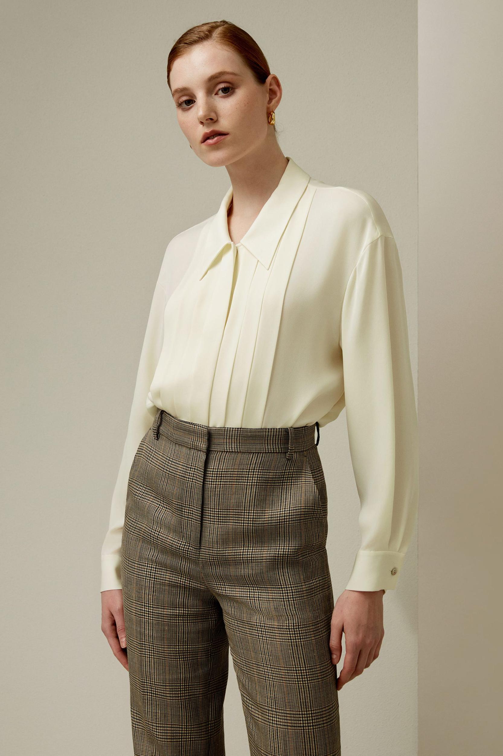 Pleated Point Collar Silk Blouse Product Image