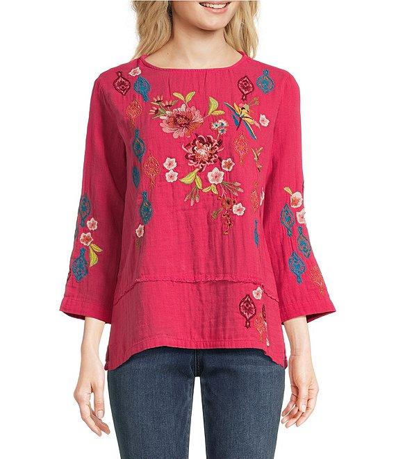 Tru Luxe Jeans Floral Embroidery Boat Neck 3/4 Sleeve Top Product Image