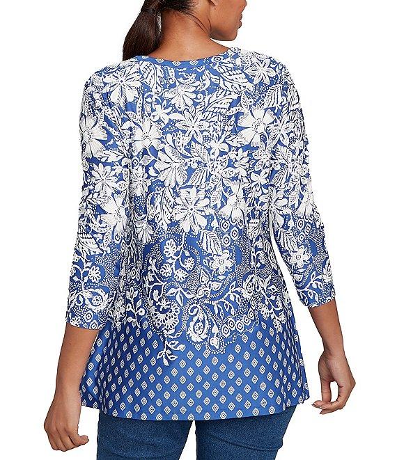 Ruby Rd. Knit Floral Border Print Keyhole Neck 3/4 Sleeve Top Product Image